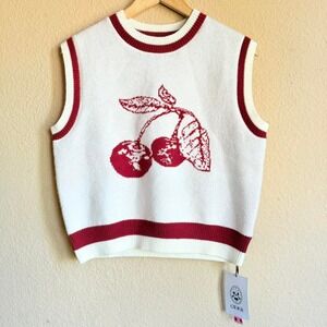 CIDER Burgundy and Cream Cherry Knit Sweater Vest